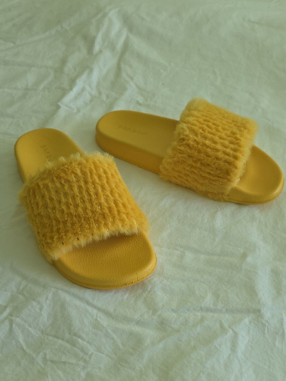 BAMBOO Fuzzy Slide Sandals in Mustard Yellow